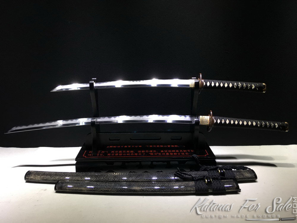 Duo and Wakizashi Sword Set T10 Folded Clay Tempered Steel with Hadori - Katanas For Sale